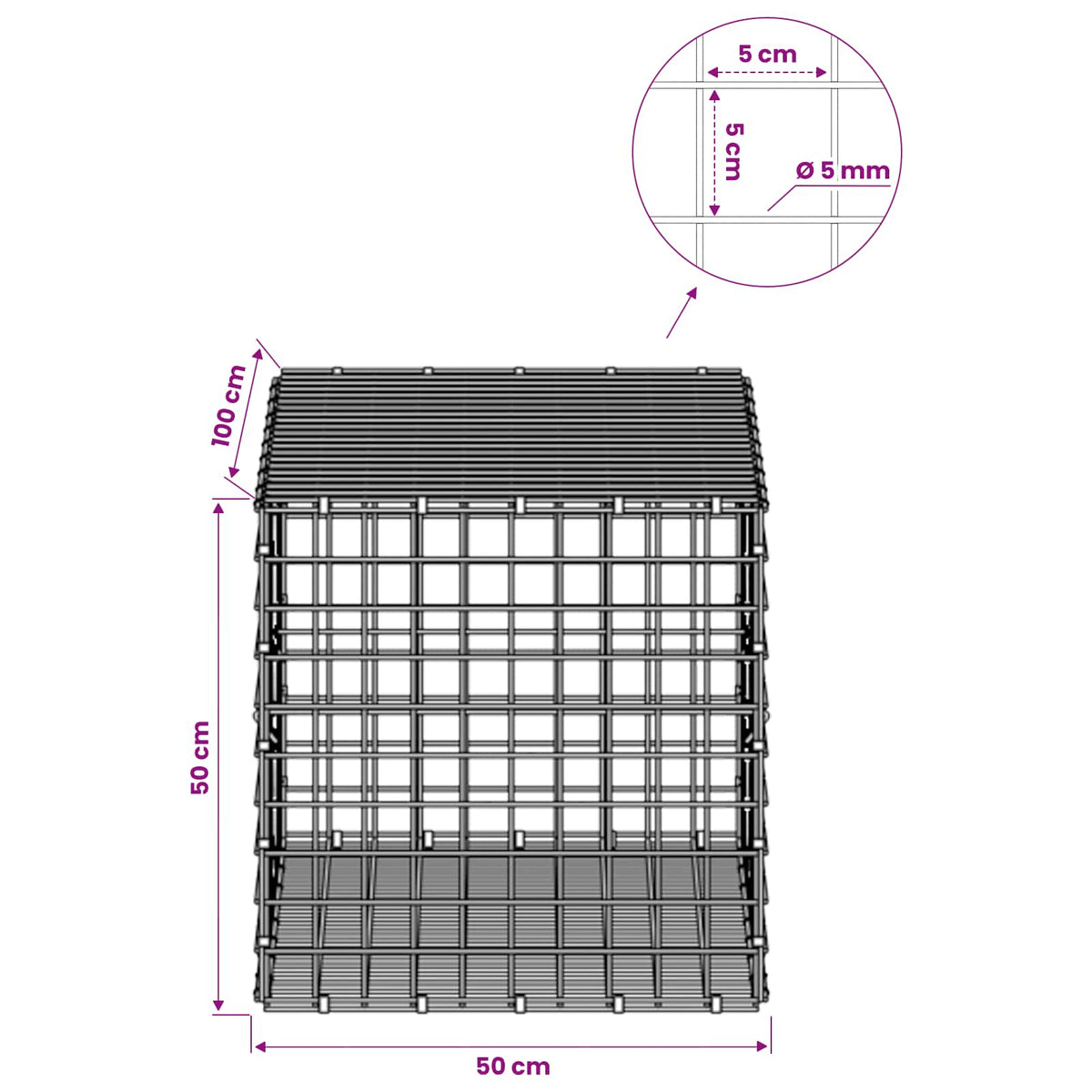 vidaXL Gabion z drutu 5 mm i siatką 5x5 cm 50x100x50 cm