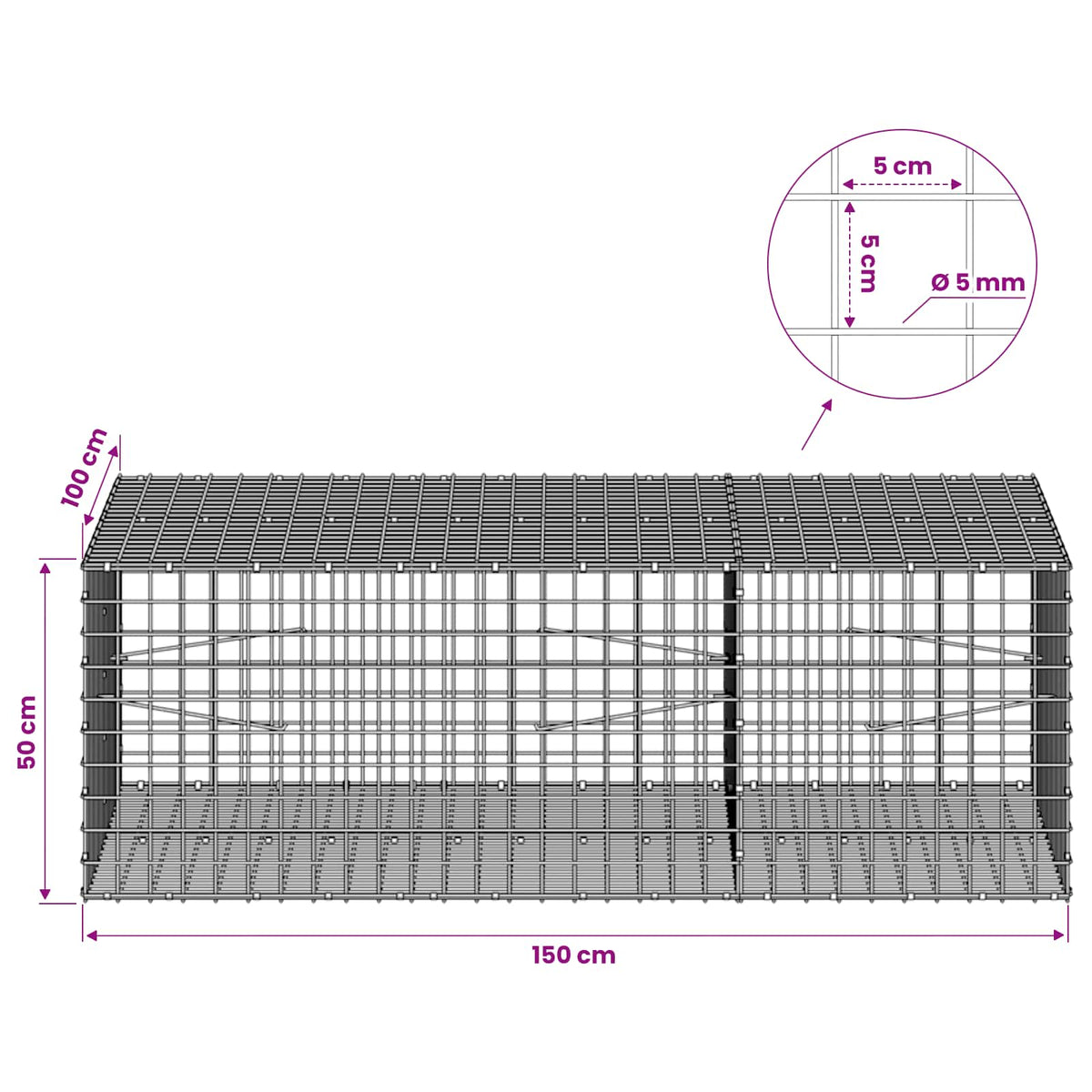 vidaXL Gabion z drutu 5 mm i siatką 5x5 cm 150x100x50 cm