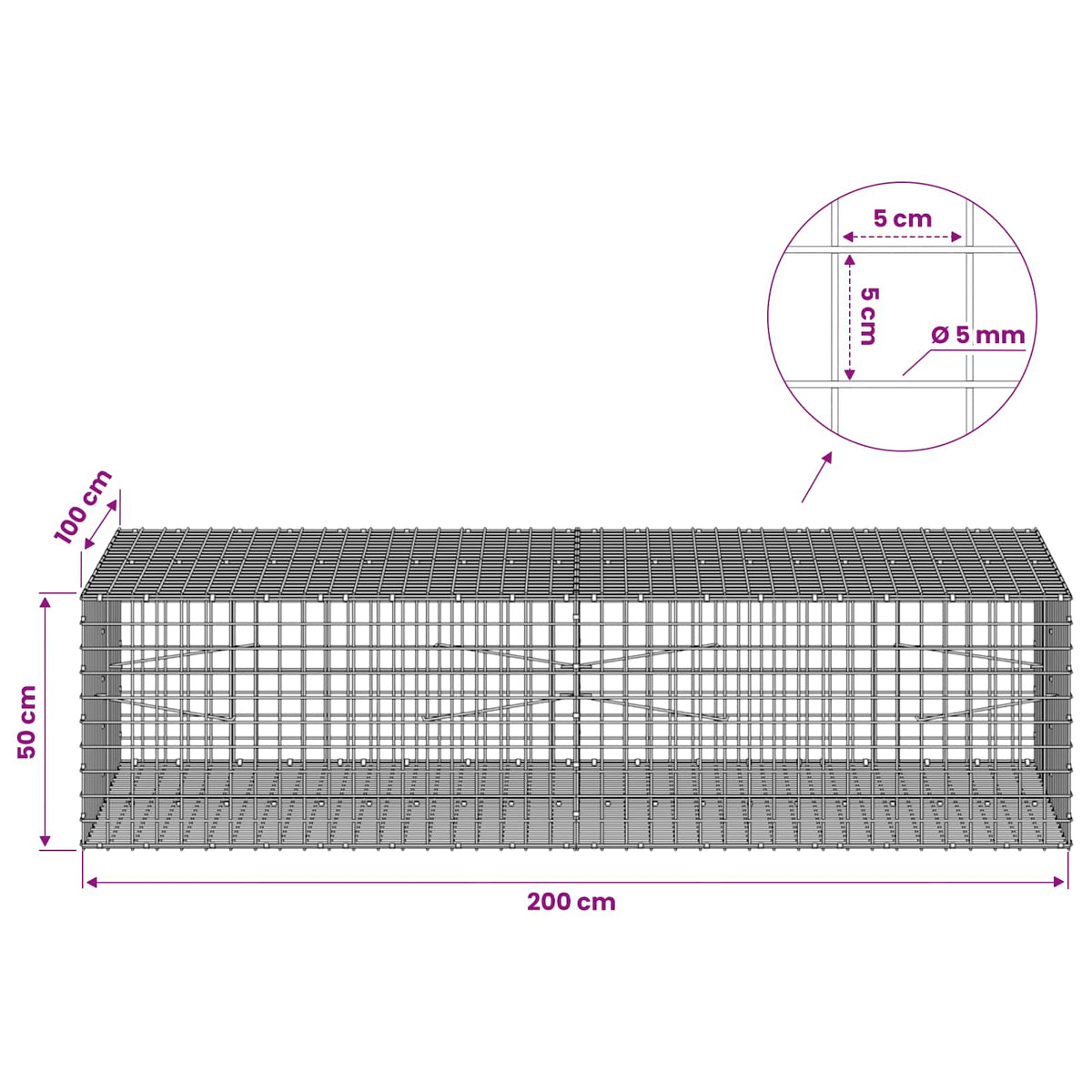 vidaXL Gabion z drutu 5 mm i siatką 5x5 cm 200x100x50 cm