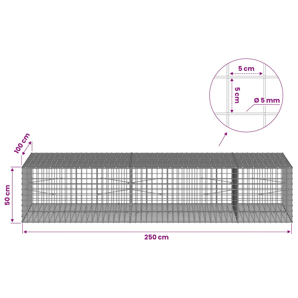 vidaXL Gabion z drutu 5 mm i siatką 5x5 cm 250x100x50 cm