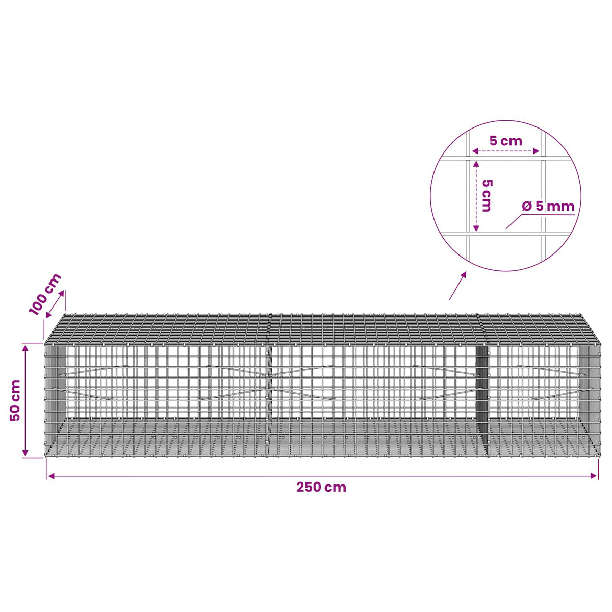 vidaXL Gabion z drutu 5 mm i siatką 5x5 cm 250x100x50 cm