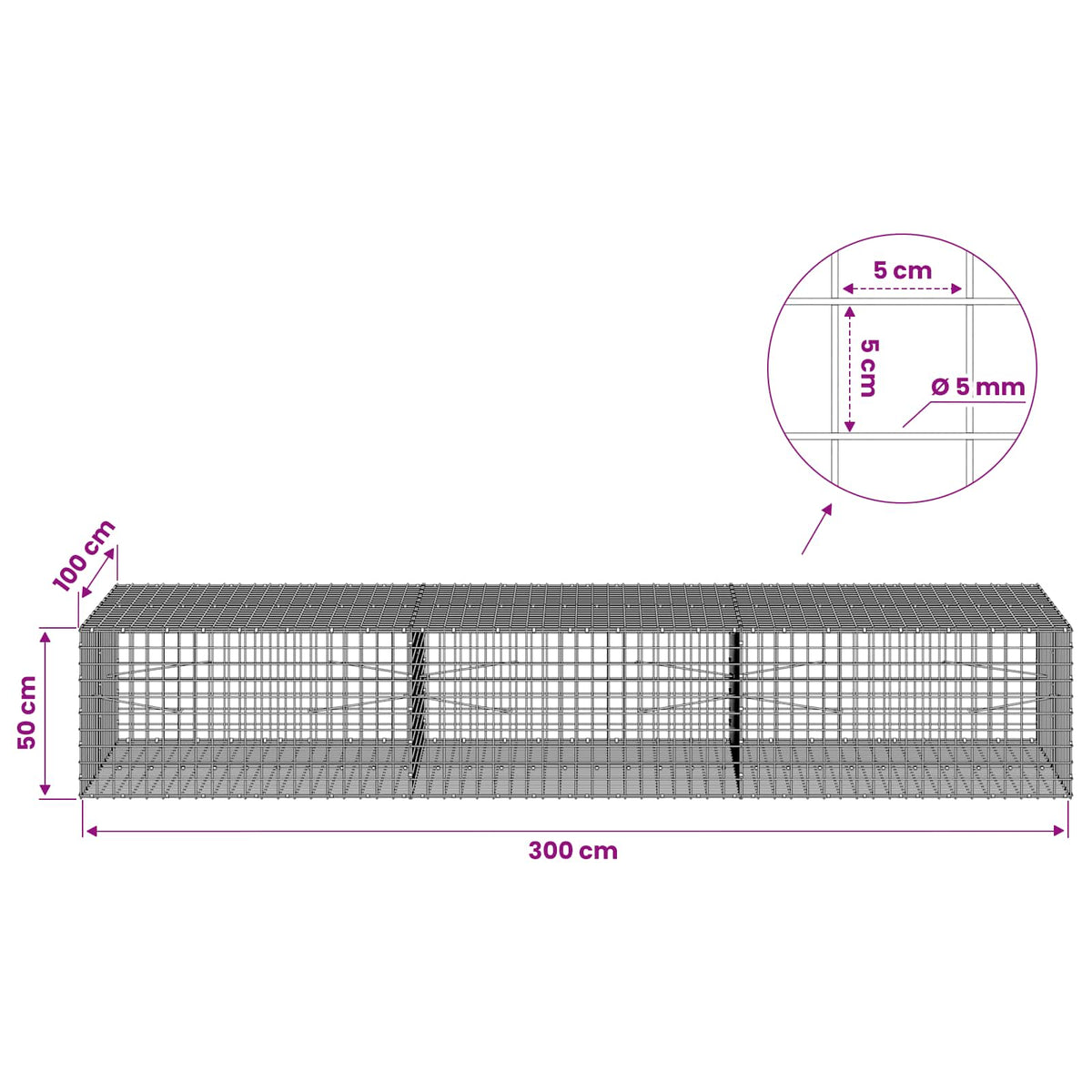 vidaXL Gabion z drutu 5 mm i siatką 5x5 cm 300x100x50 cm