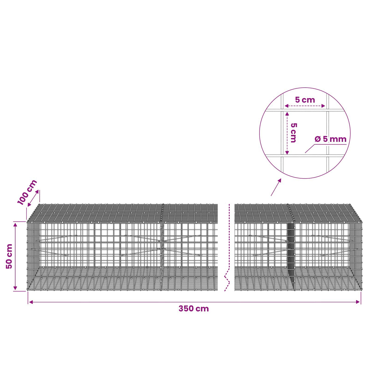 vidaXL Gabion z drutu 5 mm i siatką 5x5 cm 350x100x50 cm