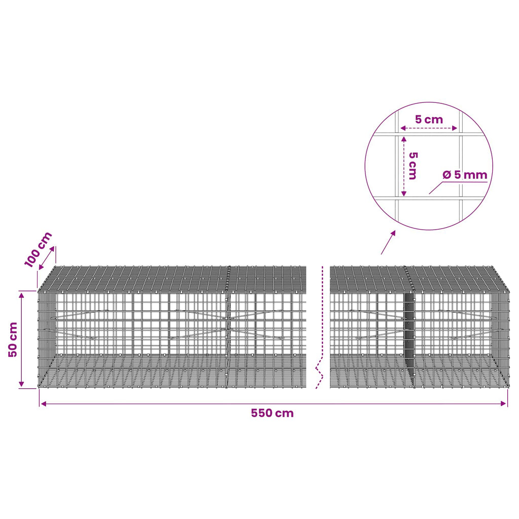 vidaXL Gabion z drutu 5 mm i siatką 5x5 cm 550x100x50 cm