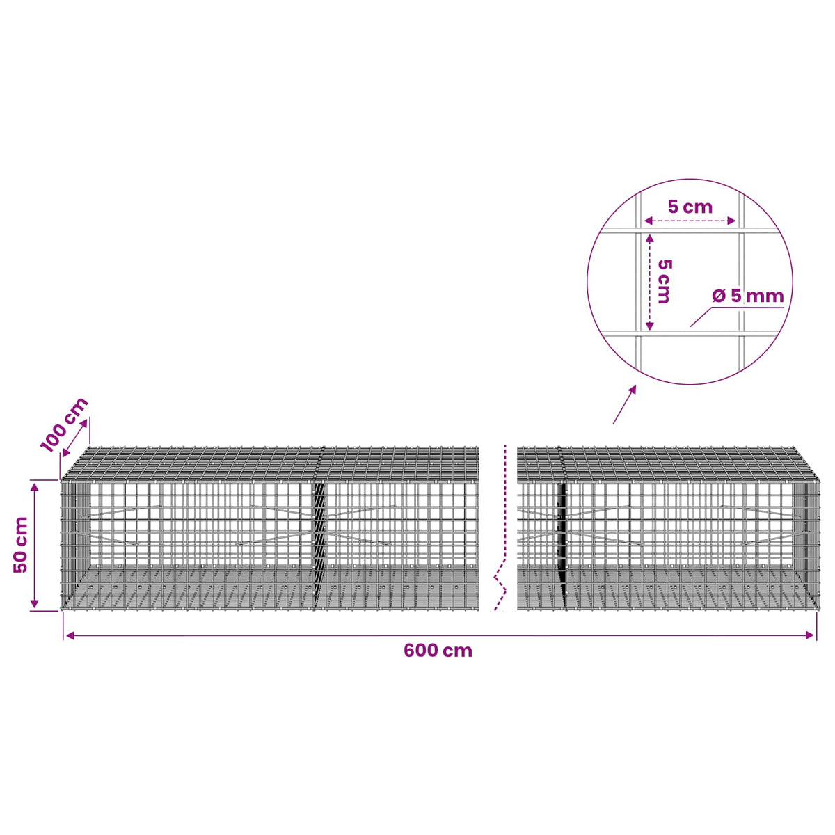 vidaXL Gabion z drutu 5 mm i siatką 5x5 cm 600x100x50 cm