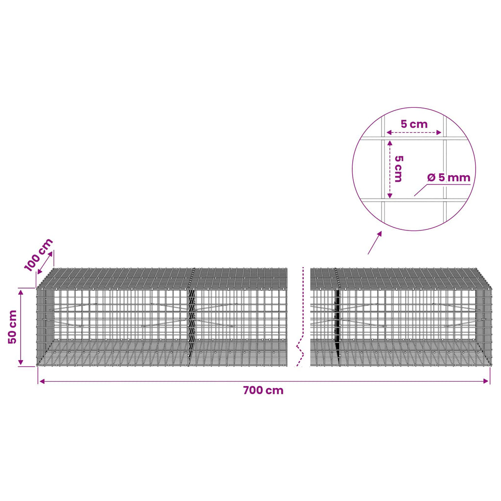 vidaXL Gabion z drutu 5 mm i siatką 5x5 cm 700x100x50 cm