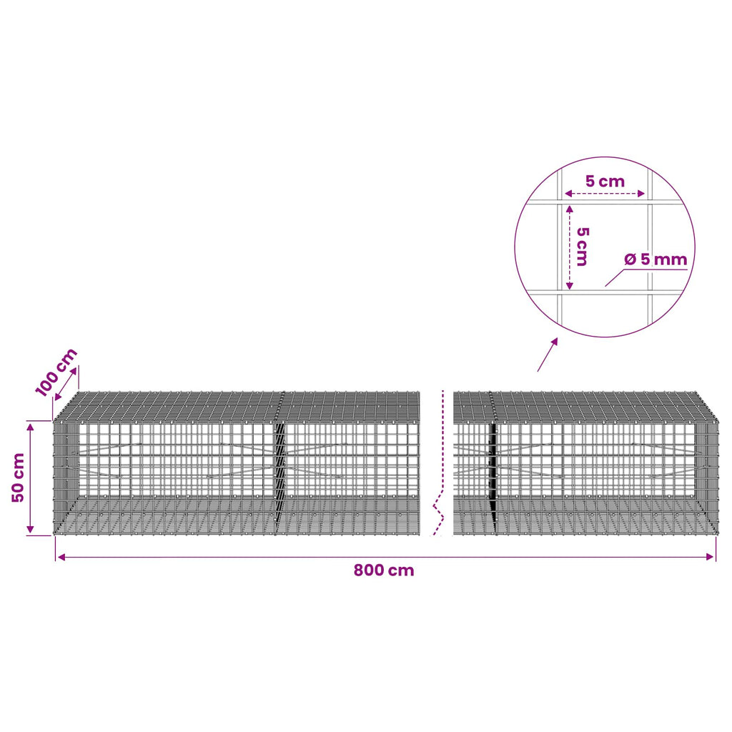 vidaXL Gabion z drutu 5 mm i siatką 5x5 cm 800x100x50 cm