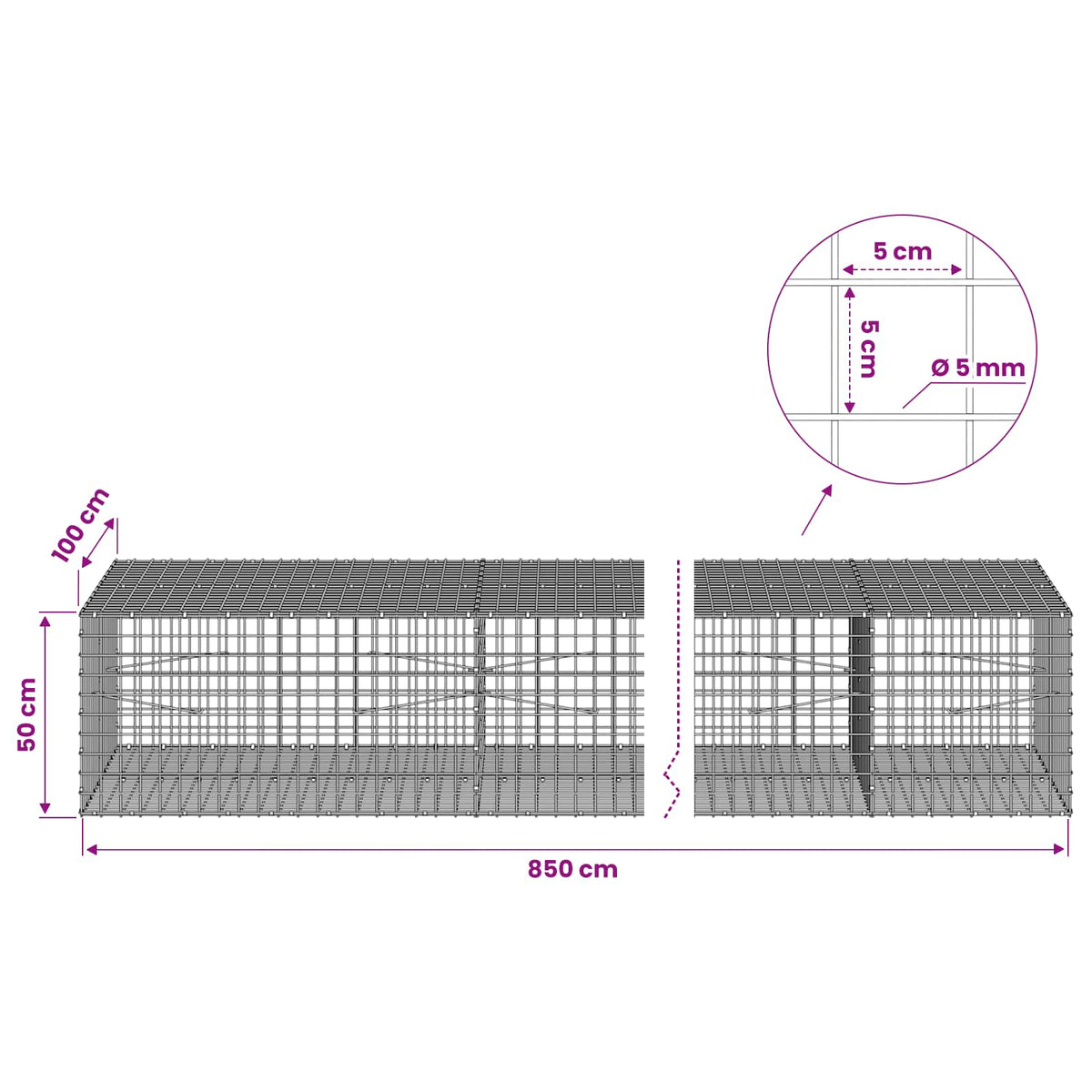 vidaXL Gabion z drutu 5 mm i siatką 5x5 cm 850x100x50 cm