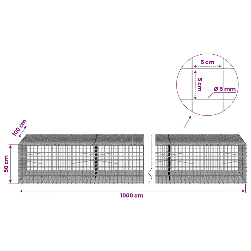 vidaXL Gabion z drutu 5 mm i siatką 5x5 cm 1000x100x50 cm