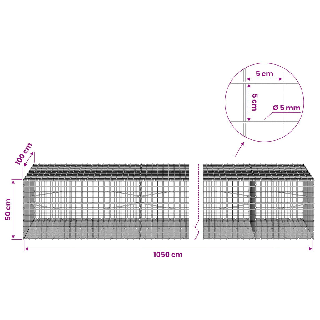 vidaXL Gabion z drutu 5 mm i siatką 5x5 cm 1050x100x50 cm