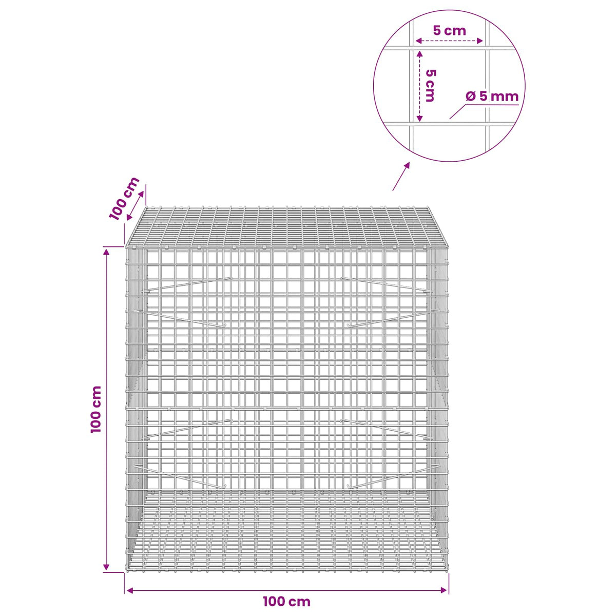 vidaXL Gabion z drutu 5 mm i siatką 5x5 cm 100x100x100 cm
