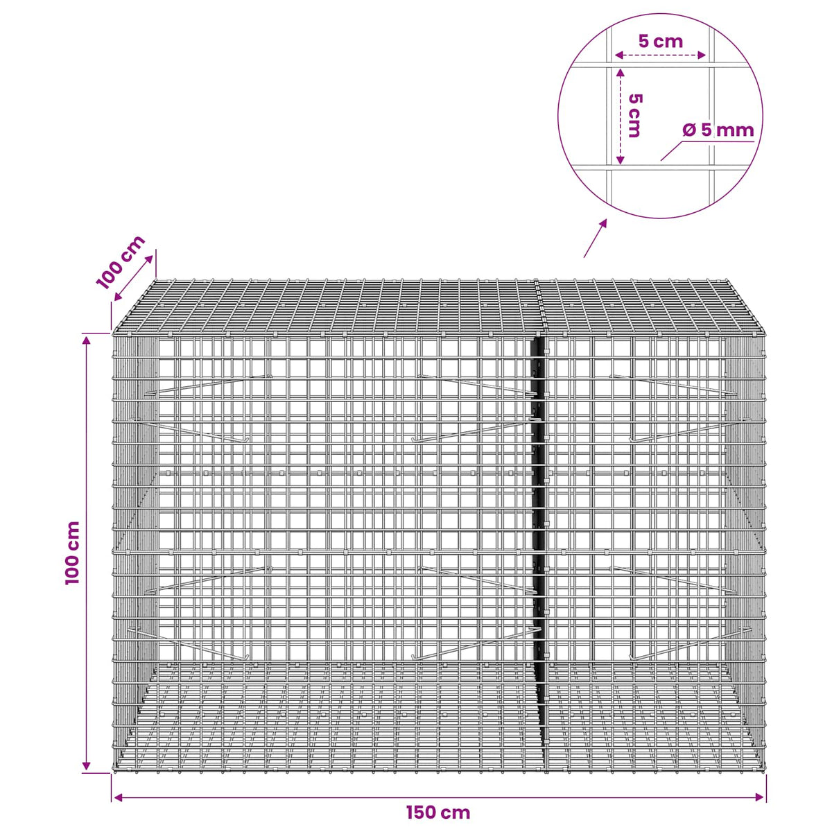 vidaXL Gabion z drutu 5 mm i siatką 5x5 cm 150x100x100 cm