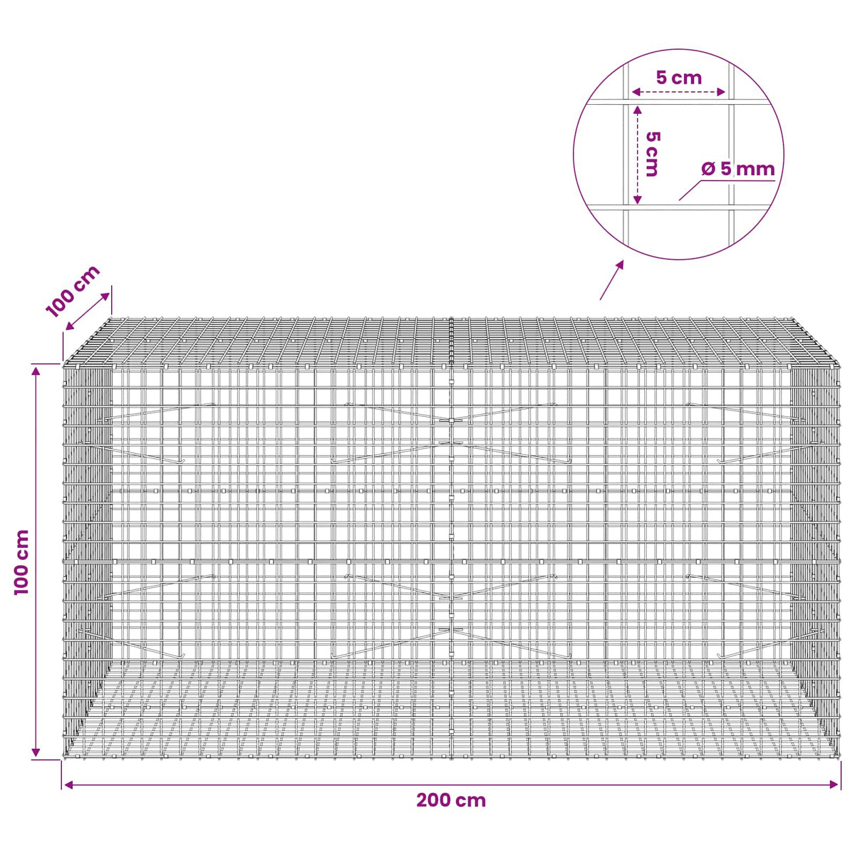 vidaXL Gabion z drutu 5 mm i siatką 5x5 cm 200x100x100 cm