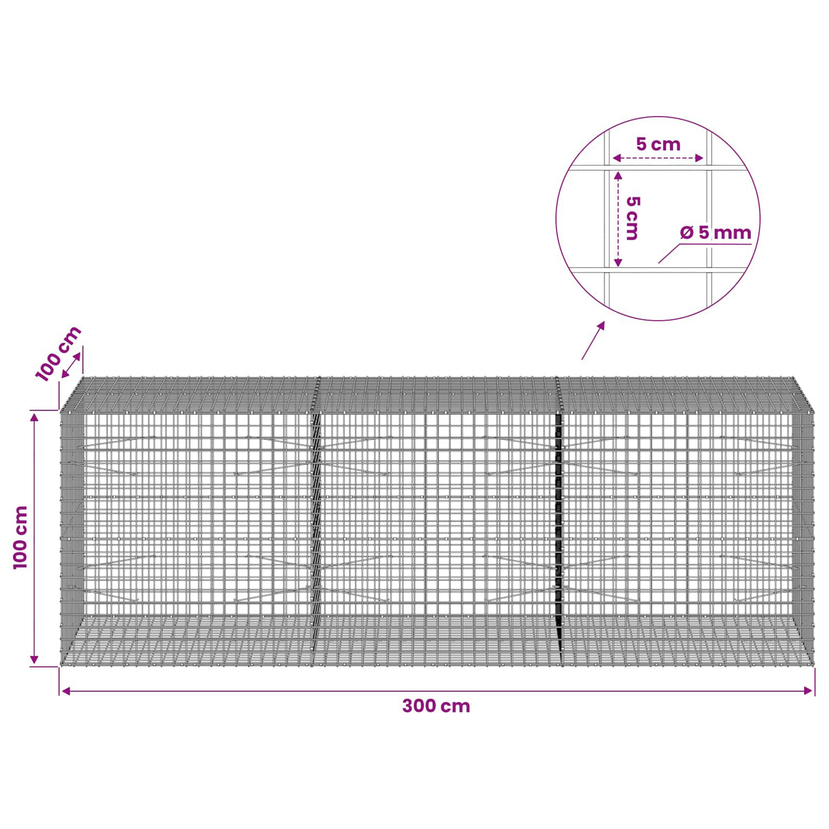 vidaXL Gabion z drutu 5 mm i siatką 5x5 cm 300x100x100 cm