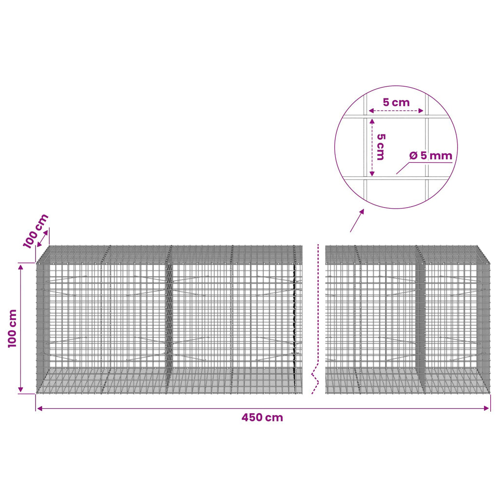 vidaXL Gabion z drutu 5 mm i siatką 5x5 cm 450x100x100 cm