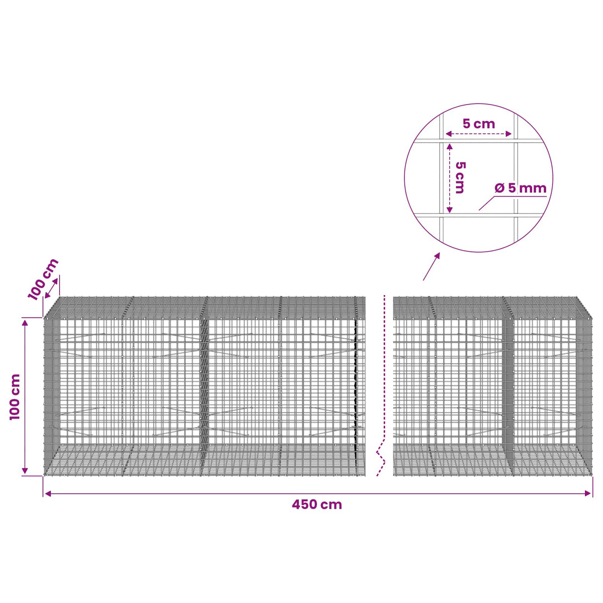 vidaXL Gabion z drutu 5 mm i siatką 5x5 cm 450x100x100 cm