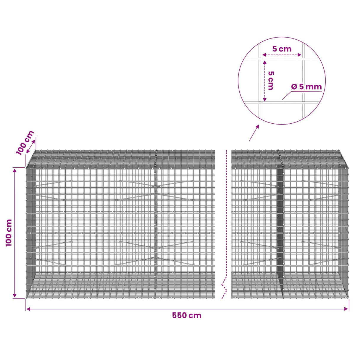 vidaXL Gabion z drutu 5 mm i siatką 5x5 cm 550x100x100 cm