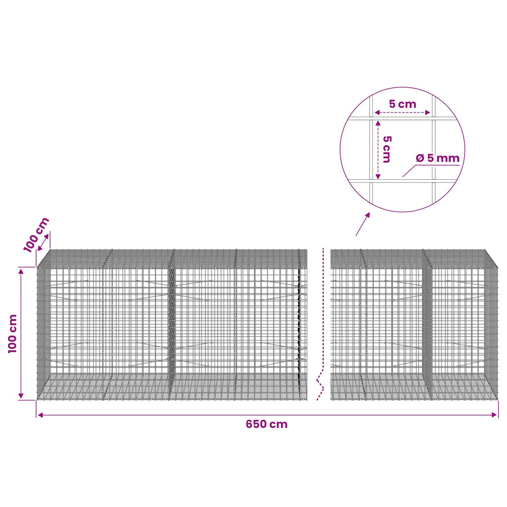 vidaXL Gabion z drutu 5 mm i siatką 5x5 cm 650x100x100 cm