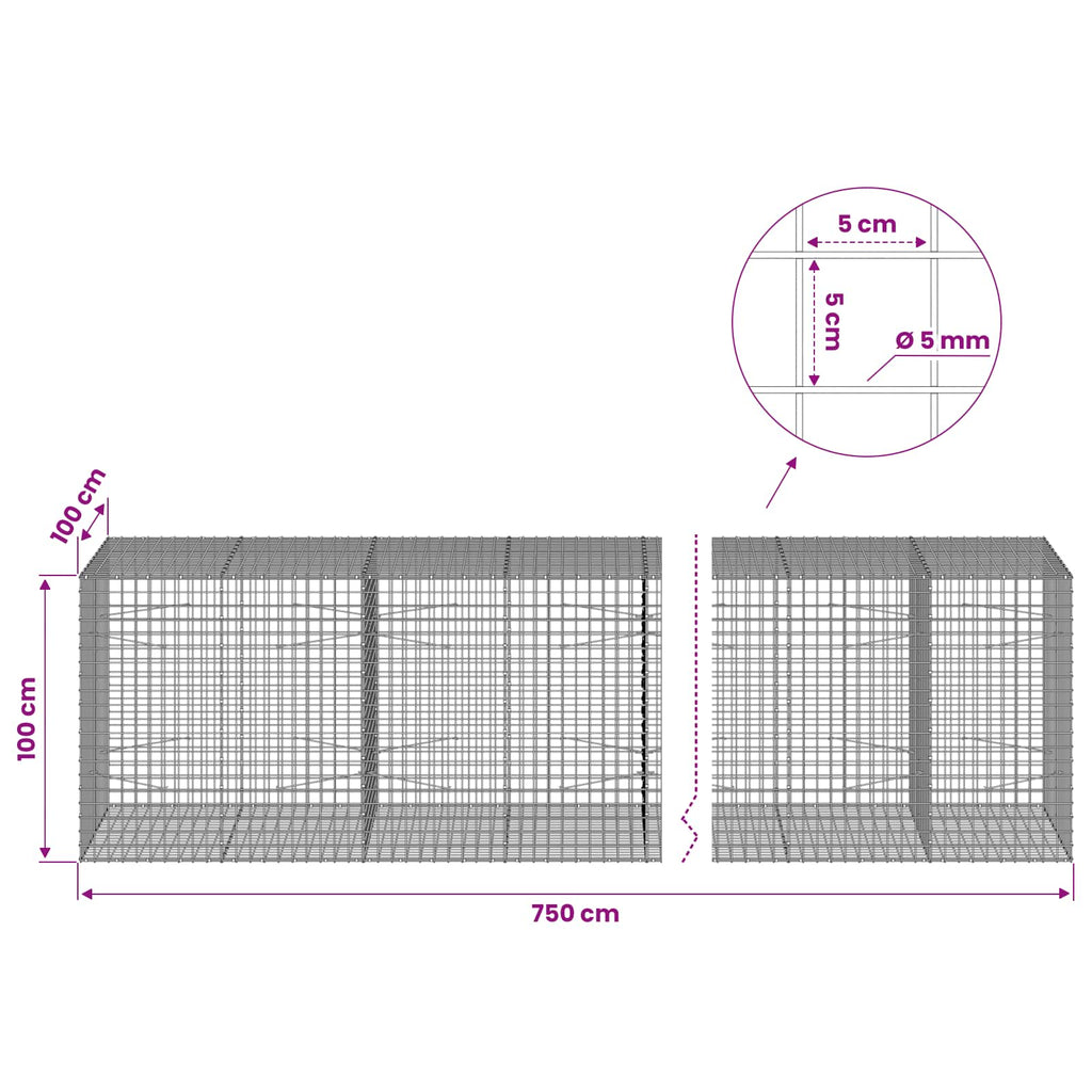 vidaXL Gabion z drutu 5 mm i siatką 5x5 cm 750x100x100 cm