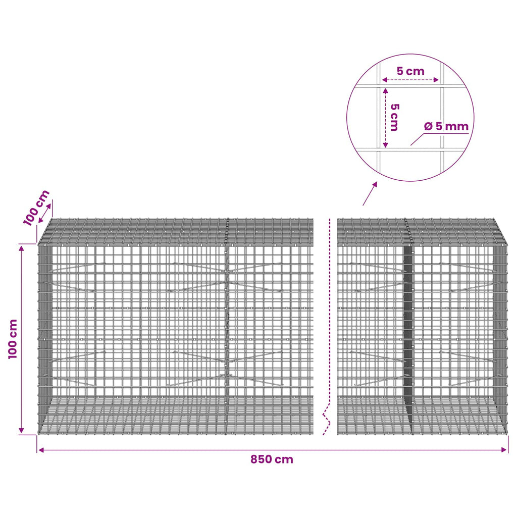 vidaXL Gabion z drutu 5 mm i siatką 5x5 cm 850x100x100 cm