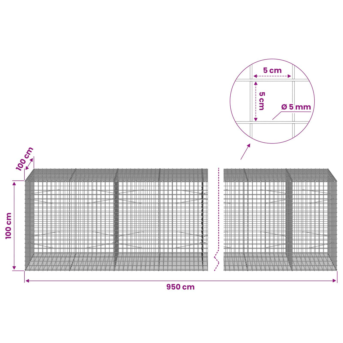 vidaXL Gabion z drutu 5 mm i siatką 5x5 cm 950x100x100 cm