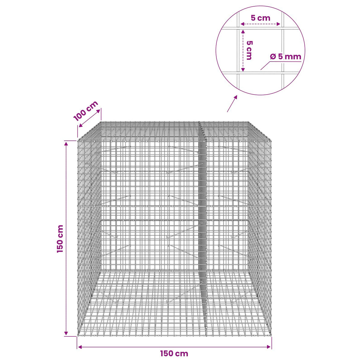 vidaXL Gabion z drutu 5 mm i siatką 5x5 cm 150x100x150 cm