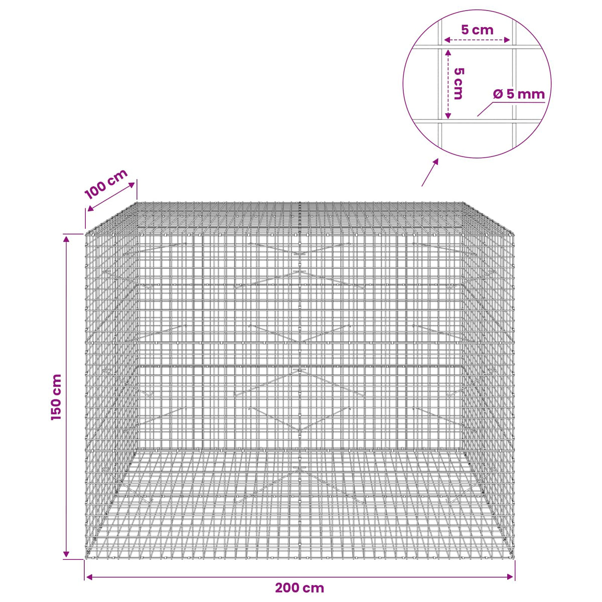 vidaXL Gabion z drutu 5 mm i siatką 5x5 cm 200x100x150 cm