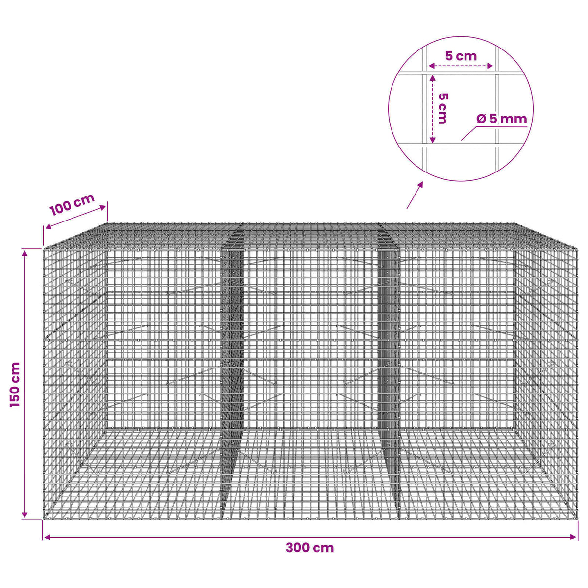 vidaXL Gabion z drutu 5 mm i siatką 5x5 cm 300x100x150 cm