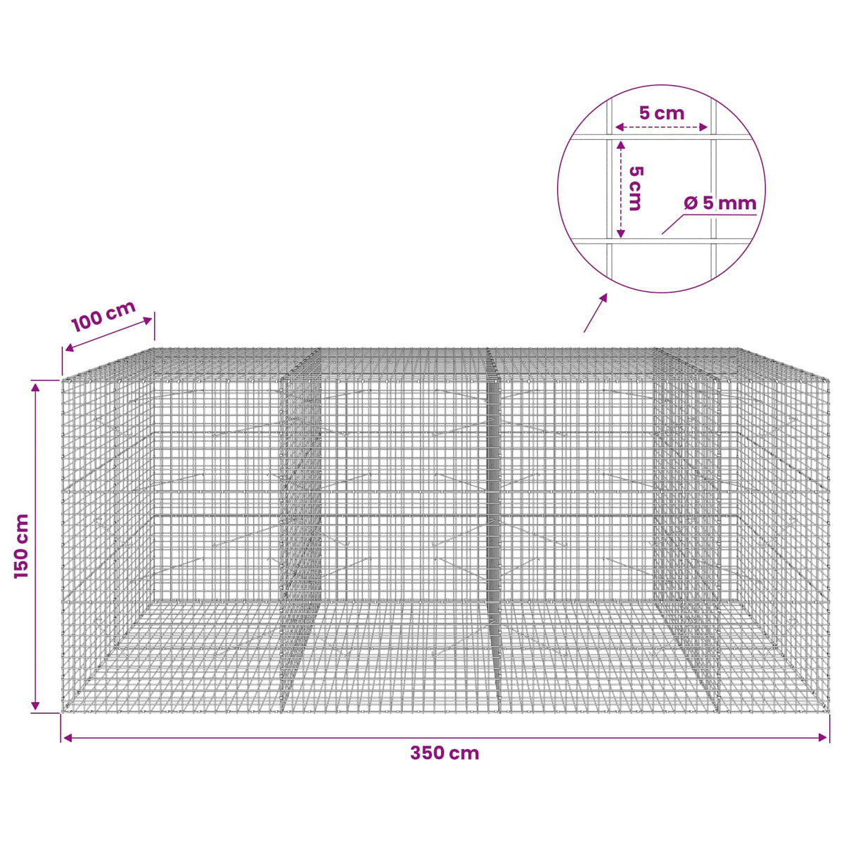 vidaXL Gabion z drutu 5 mm i siatką 5x5 cm 350x100x150 cm