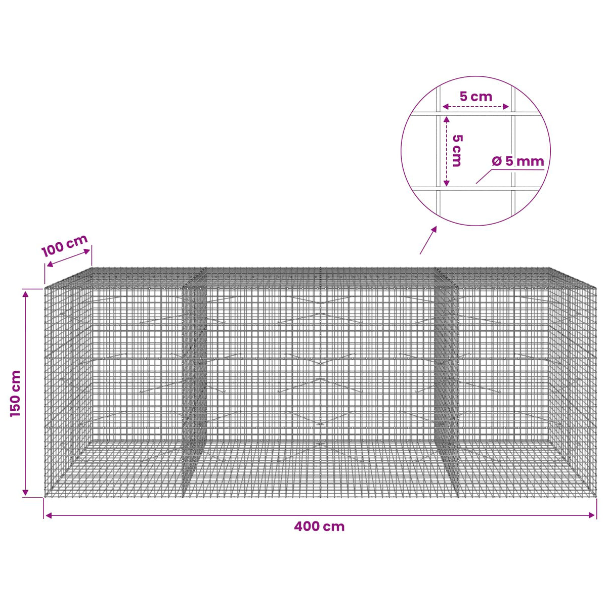 vidaXL Gabion z drutu 5 mm i siatką 5x5 cm 400x100x150 cm