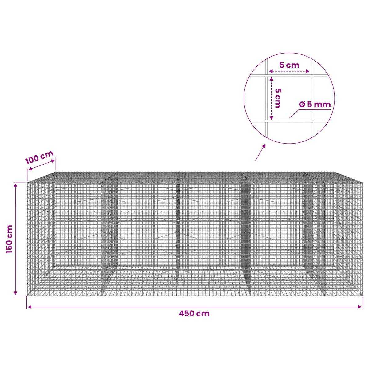 vidaXL Gabion z drutu 5 mm i siatką 5x5 cm 450x100x150 cm