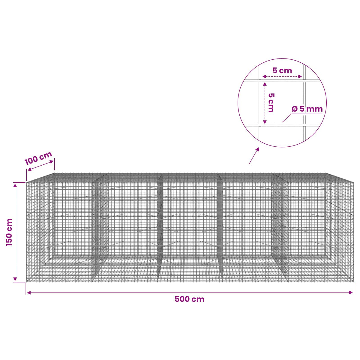 vidaXL Gabion z drutu 5 mm i siatką 5x5 cm 500x100x150 cm