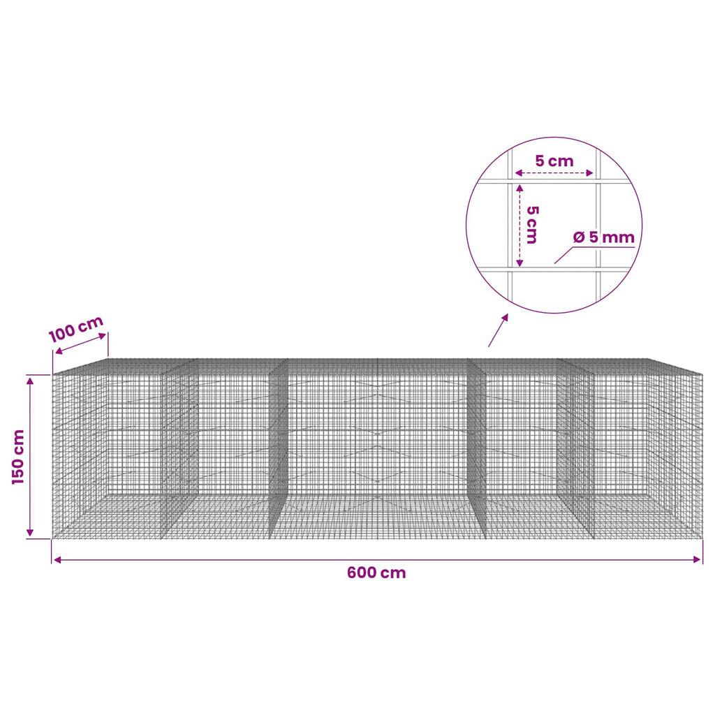 vidaXL Gabion z drutu 5 mm i siatką 5x5 cm 600x100x150 cm