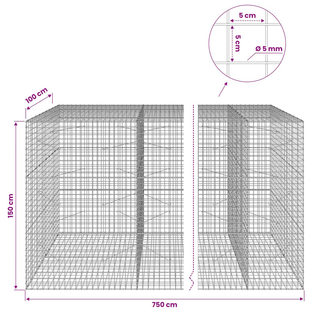 vidaXL Gabion z drutu 5 mm i siatką 5x5 cm 750x100x150 cm