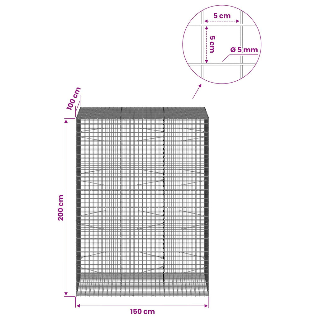vidaXL Gabion z drutu 5 mm i siatką 5x5 cm 150x100x200 cm