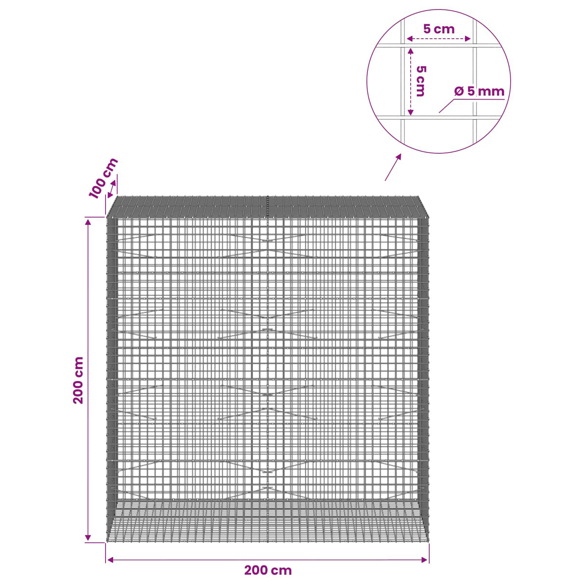 vidaXL Gabion z drutu 5 mm i siatką 5x5 cm 200x100x200 cm