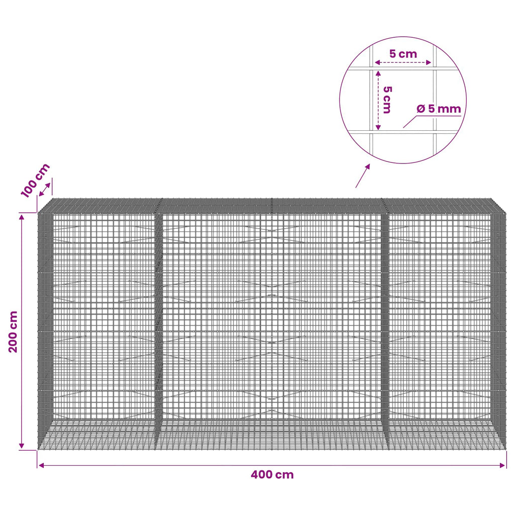 vidaXL Gabion z drutu 5 mm i siatką 5x5 cm 400x100x200 cm