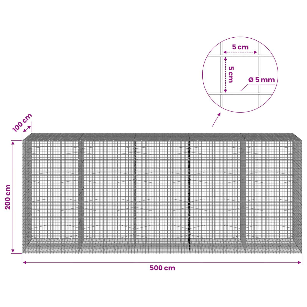 vidaXL Gabion z drutu 5 mm i siatką 5x5 cm 500x100x200 cm