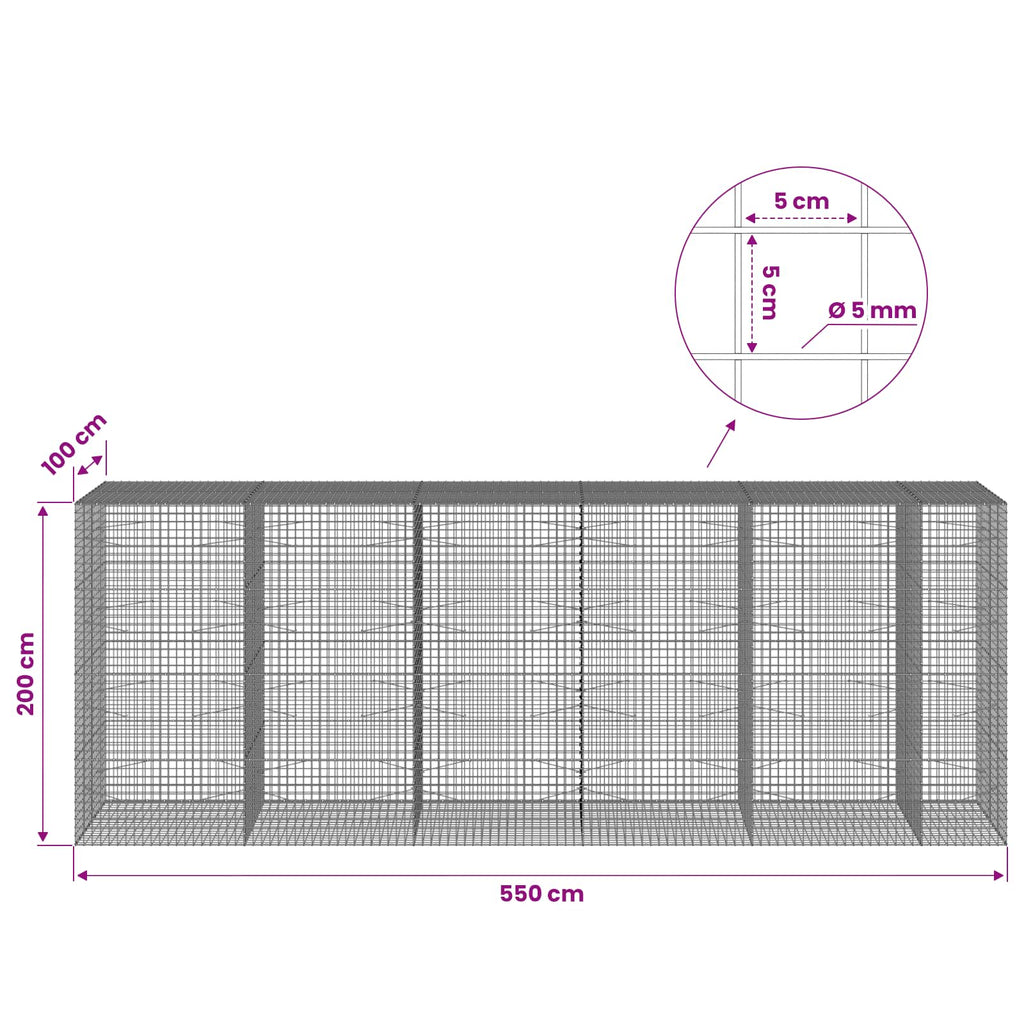 vidaXL Gabion z drutu 5 mm i siatką 5x5 cm 550x100x200 cm