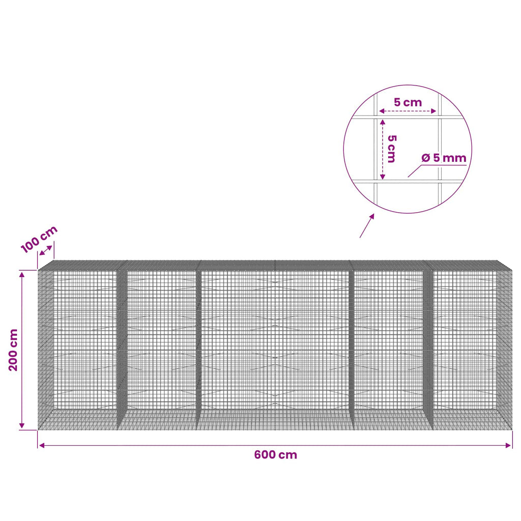vidaXL Gabion z drutu 5 mm i siatką 5x5 cm 600x100x200 cm