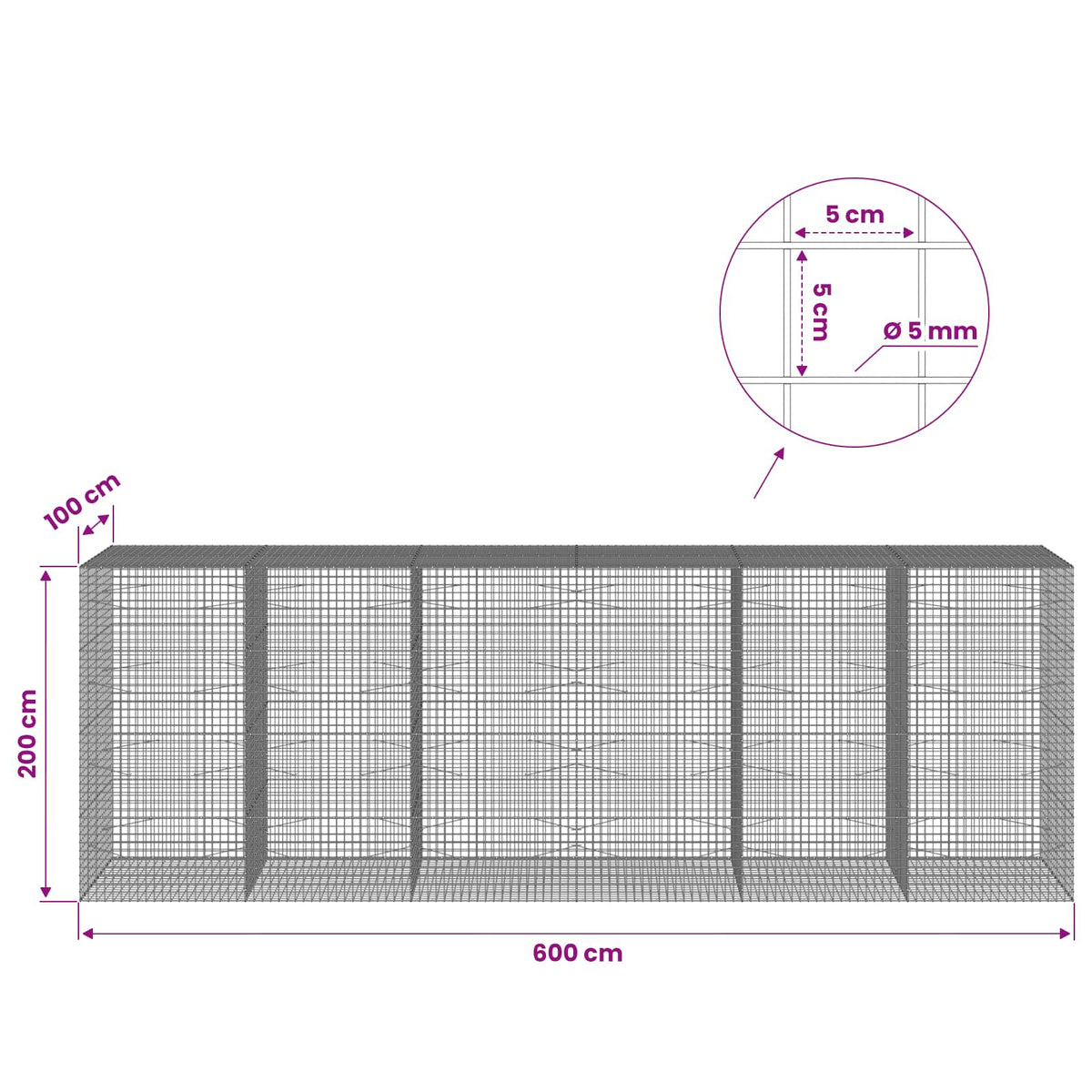 vidaXL Gabion z drutu 5 mm i siatką 5x5 cm 600x100x200 cm
