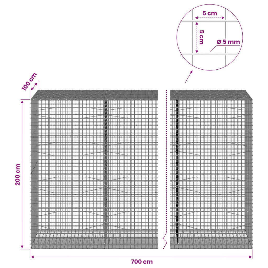 vidaXL Gabion z drutu 5 mm i siatką 5x5 cm 700x100x200 cm