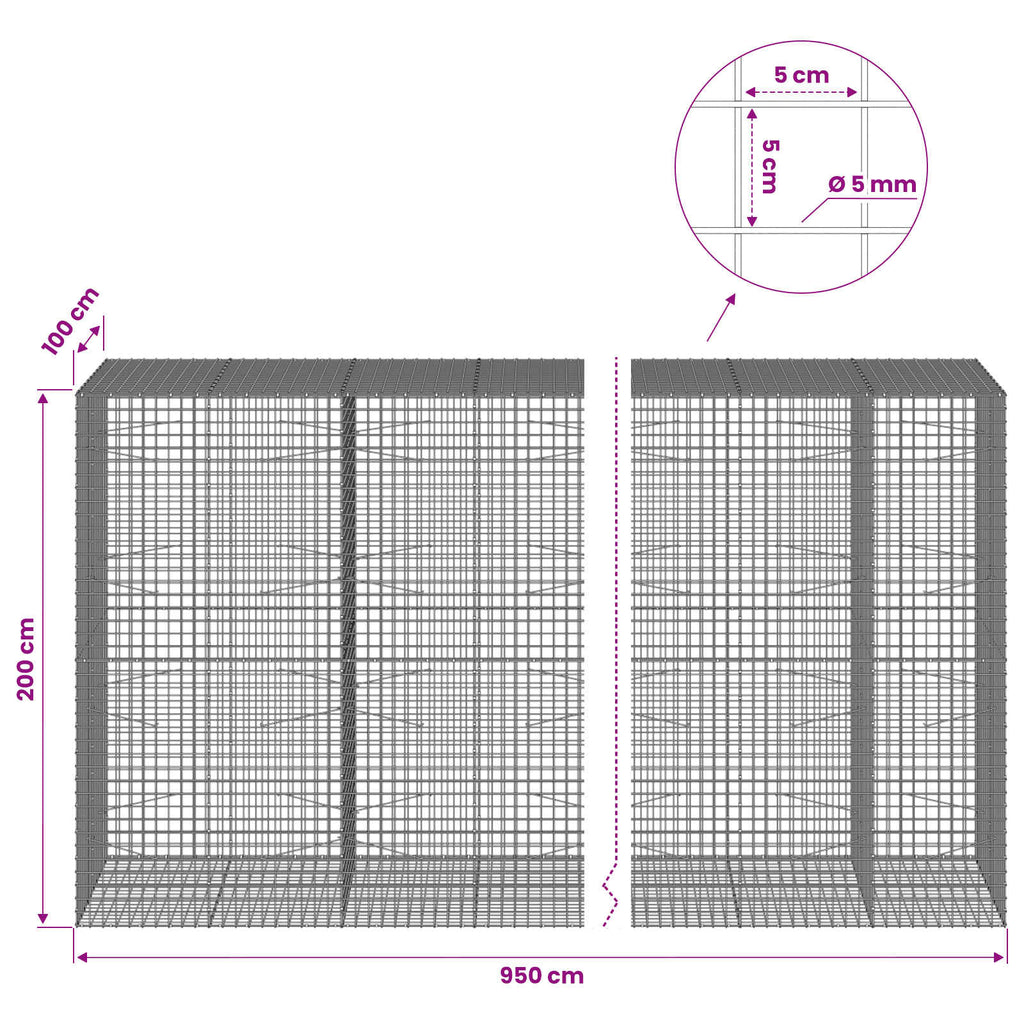 vidaXL Gabion z drutu 5 mm i siatką 5x5 cm 950x100x200 cm