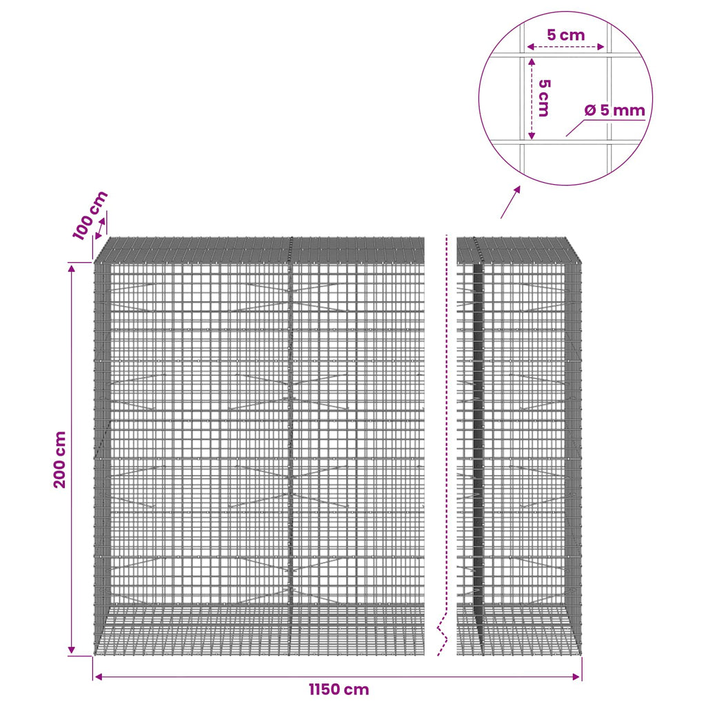 vidaXL Gabion z drutu 5 mm i siatką 5x5 cm 1150x100x200 cm
