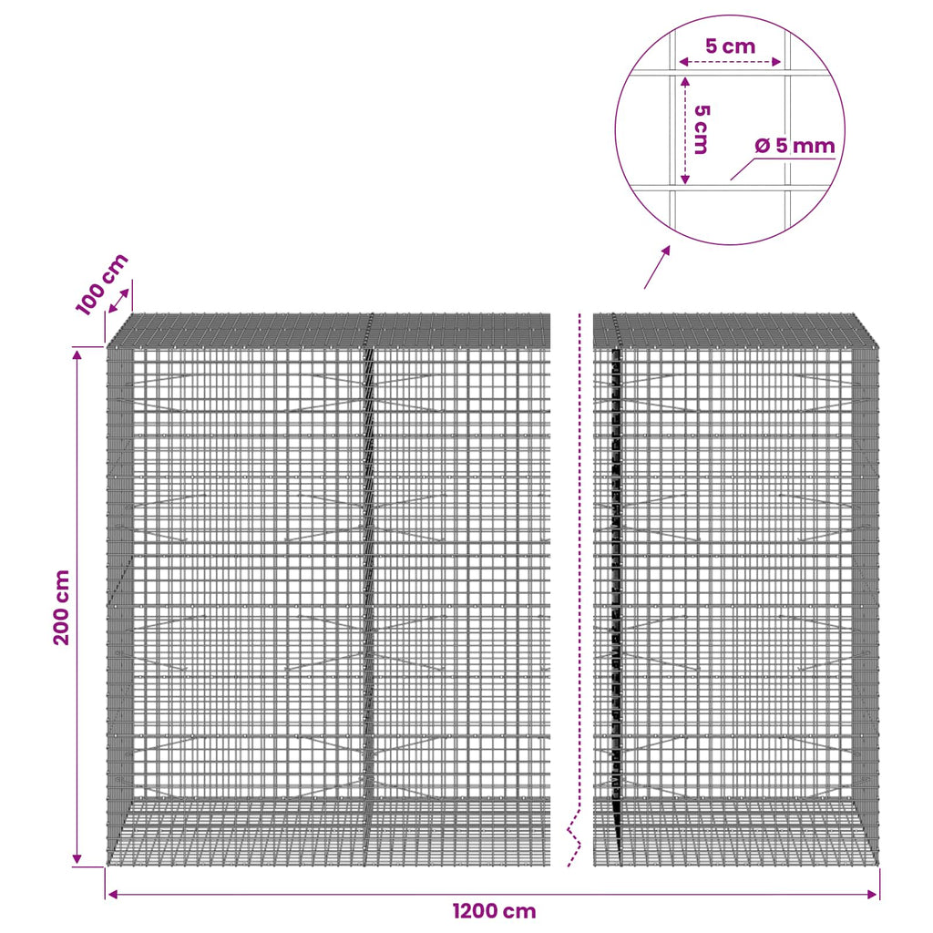 vidaXL Gabion z drutu 5 mm i siatką 5x5 cm 1200x100x200 cm