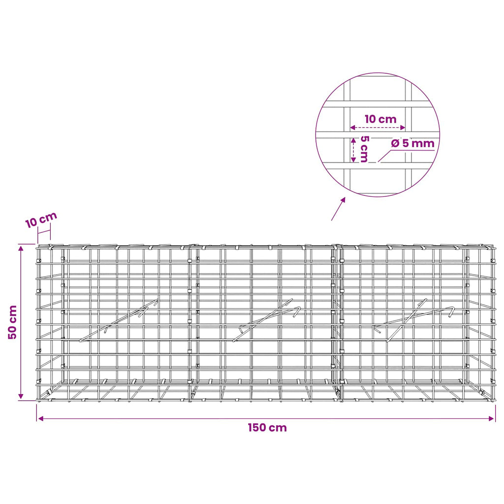 vidaXL Gabion z drutem 5 mm i siatką 5x10 cm 150x10x50 cm