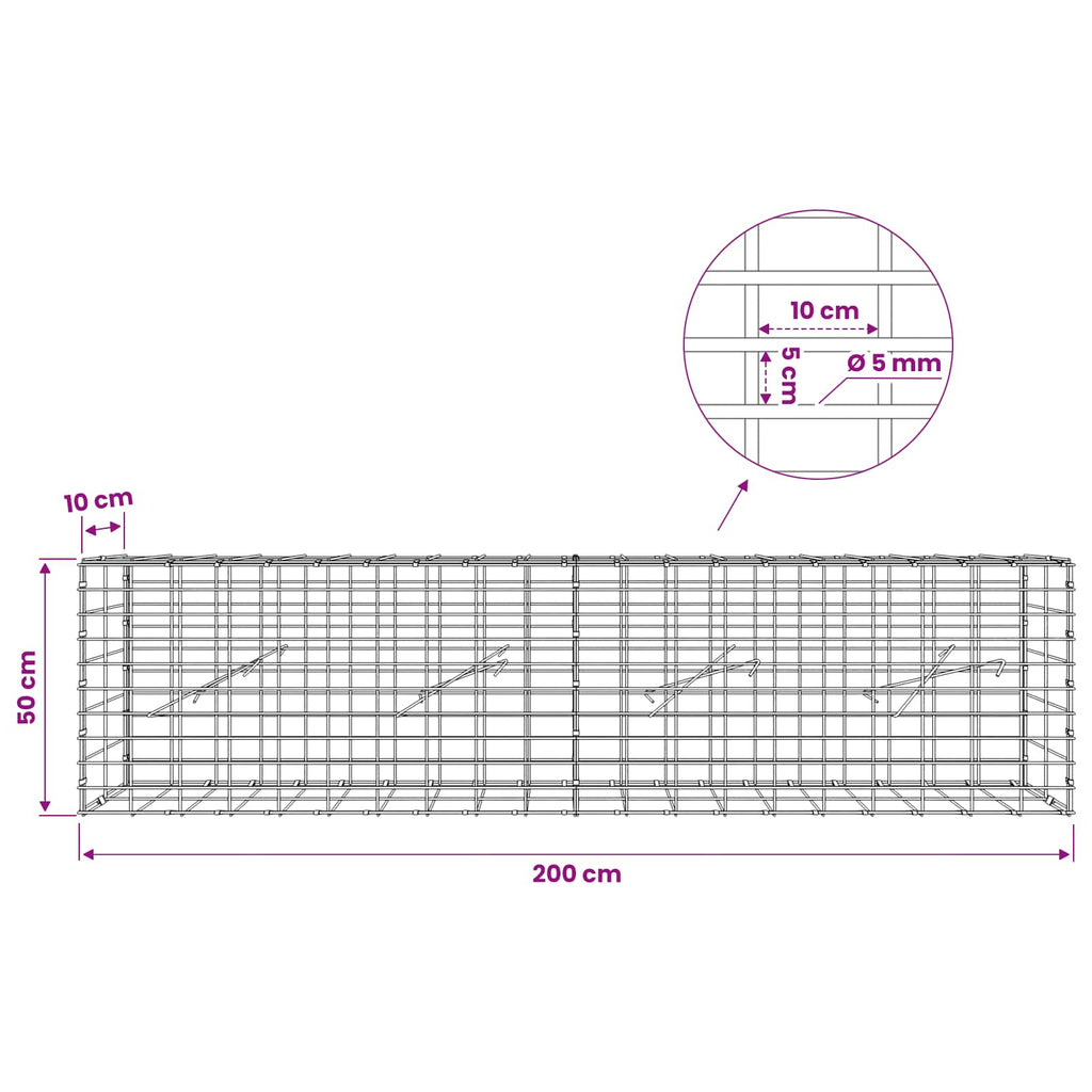 vidaXL Gabion z drutem 5 mm i siatką 5x10 cm 200x10x50 cm