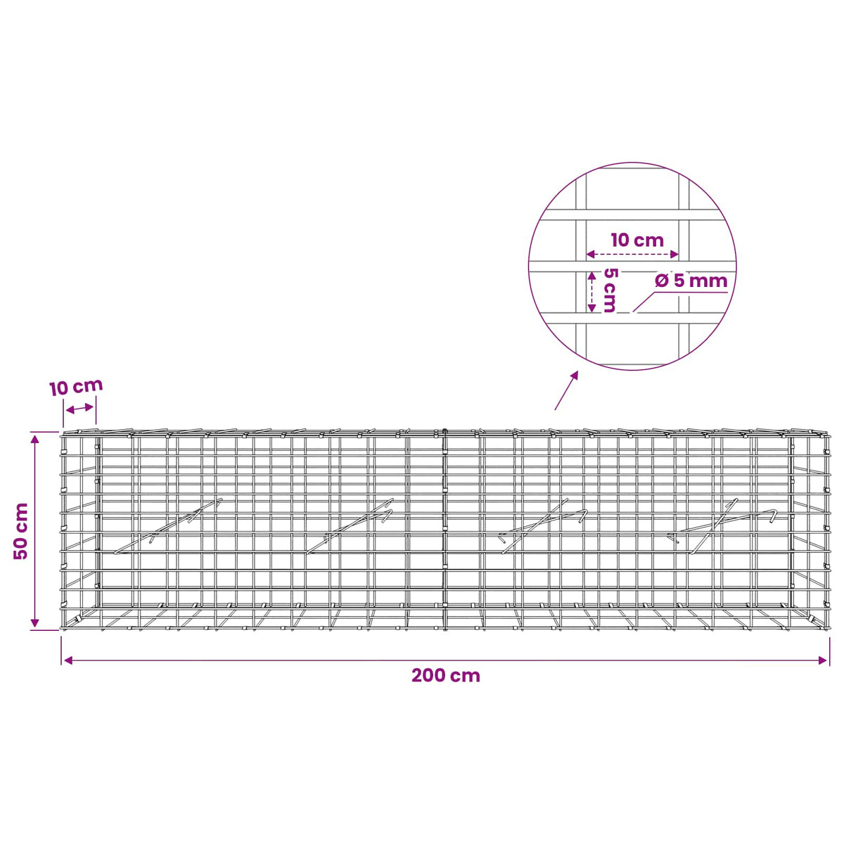 vidaXL Gabion z drutem 5 mm i siatką 5x10 cm 200x10x50 cm
