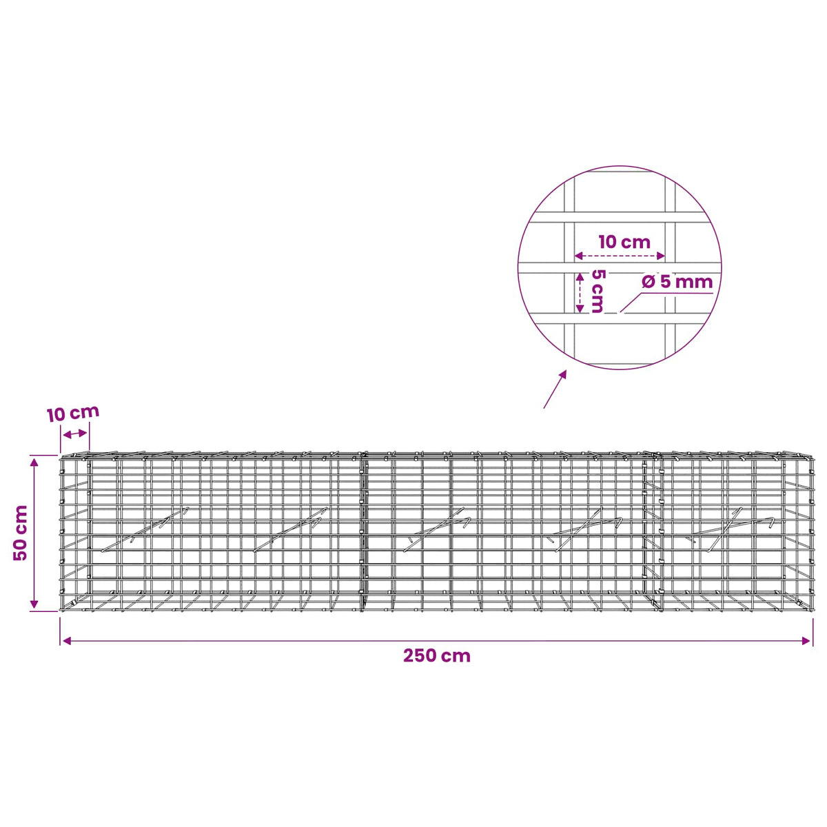 vidaXL Gabion z drutem 5 mm i siatką 5x10 cm 250x10x50 cm