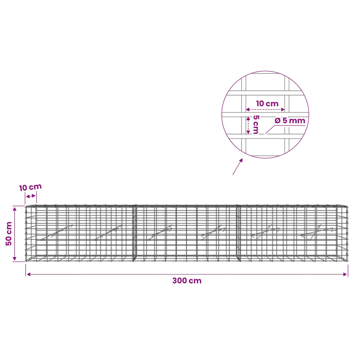 vidaXL Gabion z drutem 5 mm i siatką 5x10 cm 300x10x50 cm